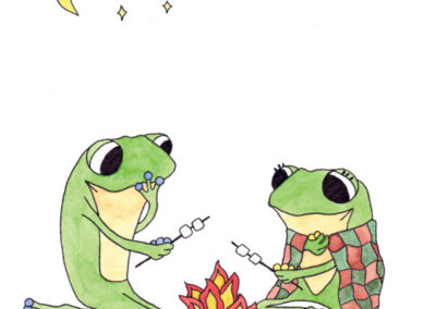 frogs campfire roasting marshmallows watercolour painting ruth burton uk artist frogs bucket list