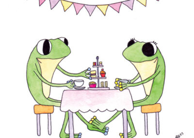 frog and frog birthday afternoon tea watercolour painting ruth burton uk artist