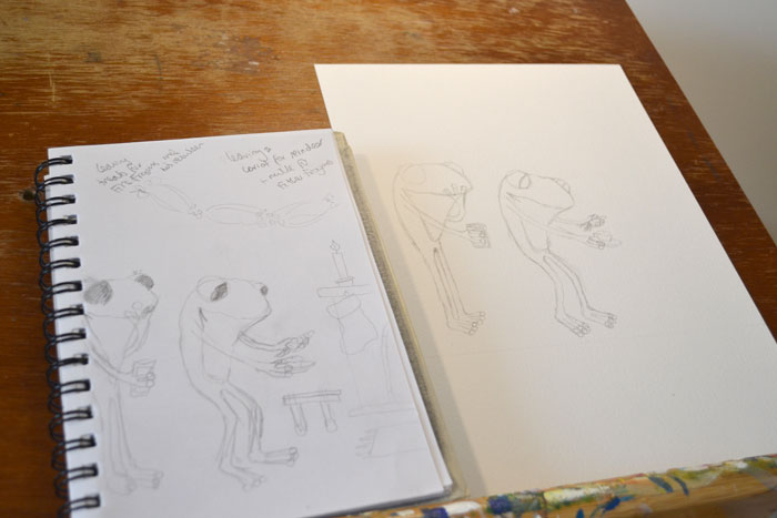 A photograph of an 'in progress' watercolour by Ruth Burton, showing a sketch being transferred onto the watercolour paper as a pencil outline.
