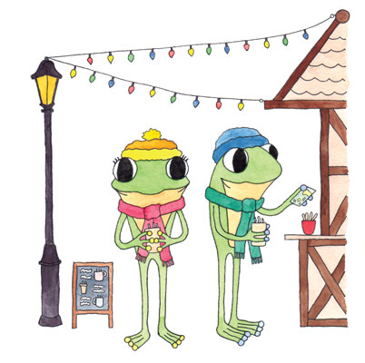 A page sample from the 'Christmas Fun' book by Ruth Burton, showing Frog and Frog at the Christmas market.