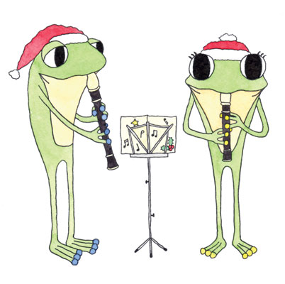 A page sample from the 'Christmas Fun' book by Ruth Burton Artist of Frog and Frog playing Christmas carol recorder duets.