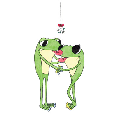 A page sample from the Frog's Bucket List 'Christmas Fun' book by Ruth Burton of Frog and Frog showing affection under the mistletoe - face lick!