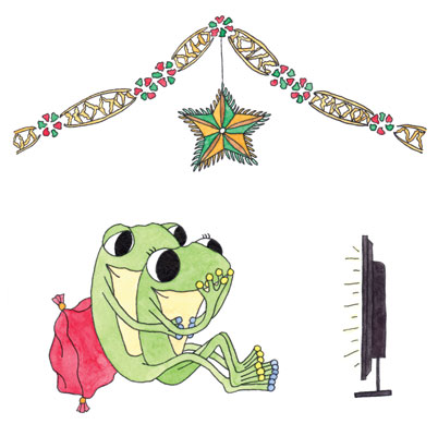 A page sample from the 'Christmas Fun' book of Frog and Frog watching Christmas adverts on TV.