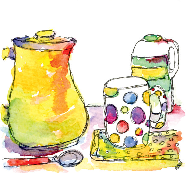 A watercolour sketch painting of a kettle, mug and bottle of milk by Ruth Burton Artist. The painting uses bright, cheerful colours.