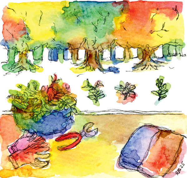 A watercolour painting created with pen and colourful watercolours by Ruth Burton. The picture shows a flower bed and gardening tools, including a bucket, gardening gloves and pruning shears.