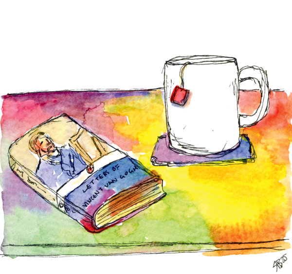 A sketchy watercolour and pen painting of a book on a table next to a mug of tea, by Ruth Burton. The book is called "The Letters of Vincent Van Gogh".