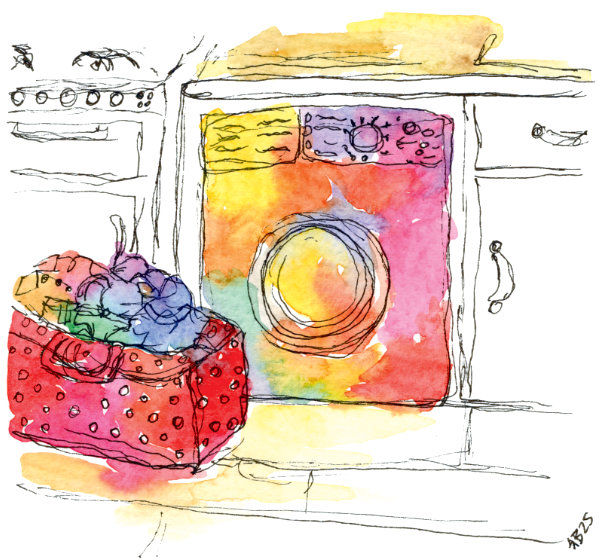 A watercolour sketch painting of a laundry bag full of clothes in front of a washing machine in a kitchen. The painting is by Ruth Burton Artist and uses happy, uplifting colours.