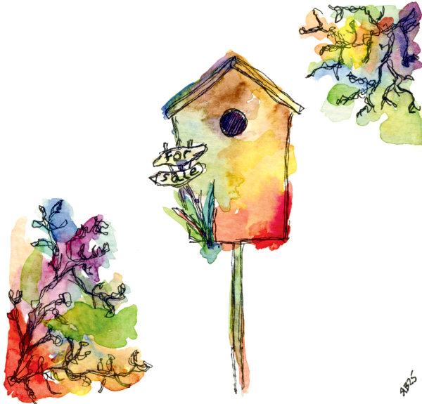 Watercolour sketching practice by Ruth Burton Artist. The painting shows a colourful bird house in nature with a 'For Sale' sign.