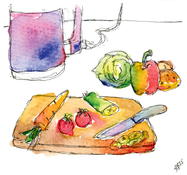 Watercolour sketching practice by Ruth Burton of a chopping board with vegetables, and a soup maker in the background.