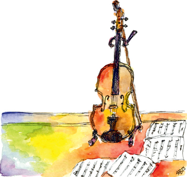 Watercolour sketching practice by Ruth Burton Artist. The painting shows Ruth's violin with some sheet music in a multicolour setting.