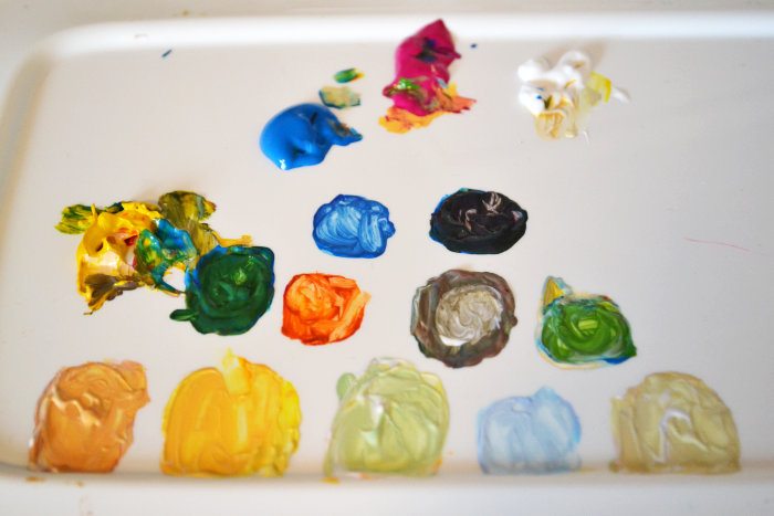 Ruth Burton's paint palette used for the "top ten" colour swatch as part of the Renoir painting study.