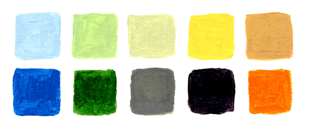 An acrylic paint swatch of colours used in Pierre-Auguste Renoir's 'La-Grenouillère' by Ruth Burton artist.