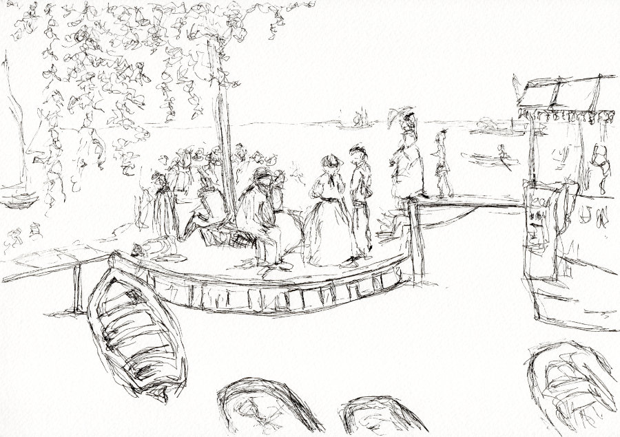 The initial pen drawing outline for the Renoir watercolour study of 'La-Grenouillère' by Ruth Burton Artist.