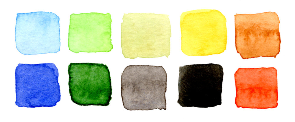 A watercolour paint swatch of colours used in Pierre-Auguste Renoir's 'La-Grenouillère' by Ruth Burton artist.