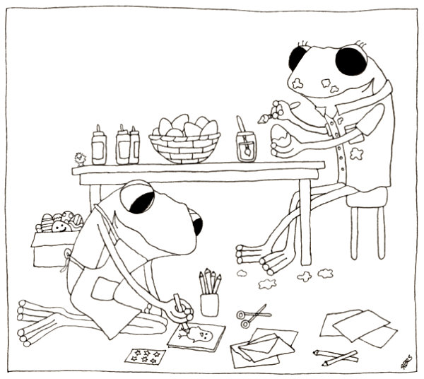 A cartoon style drawing by Ruth Burton. Frog and Frog paint Easter eggs and make greetings cards for Easter.