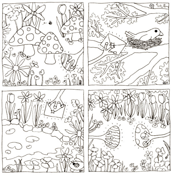 A comic-strip style drawing showing four panels where Frog and Frog hide the hand-crafted easter gifts around the forest.