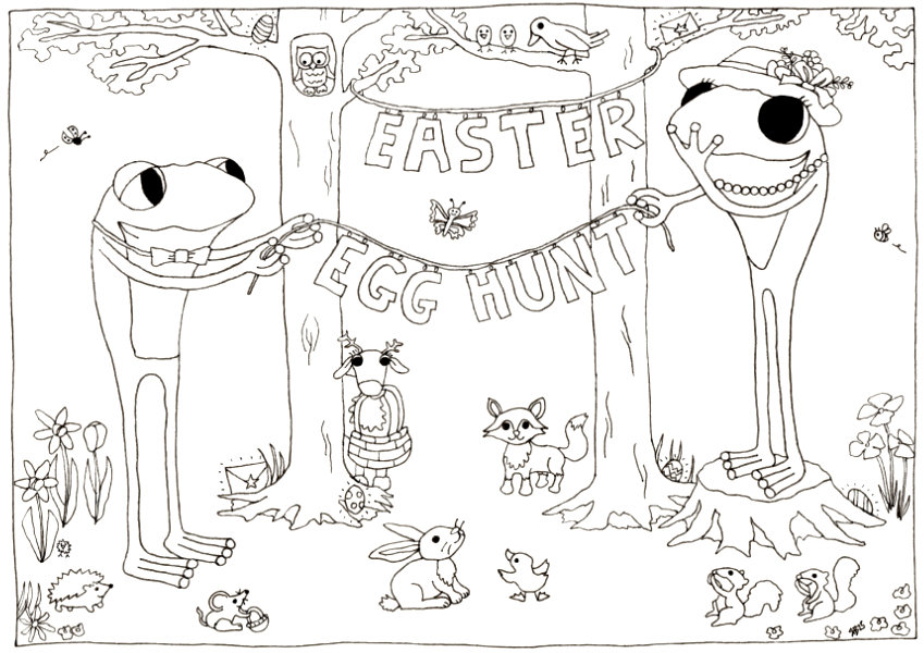 A comic style drawing where Frog and Frog (of Frog's Bucket List by Ruth Burton) decorate the forest with banners for the Easter egg hunt.