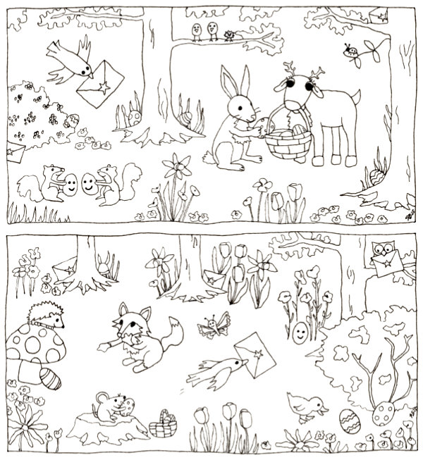 A comic-strip style drawing showing two panels where the woodland animals search for the Easter eggs and cards.