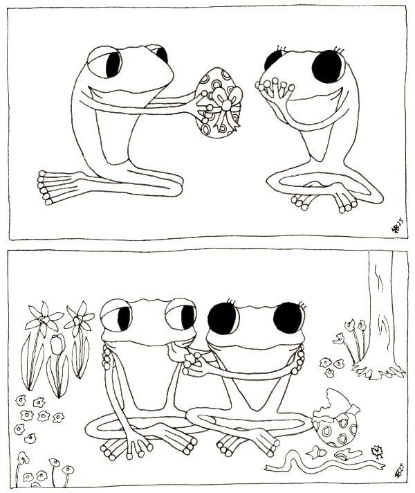 The final cartoon drawing in "The Easter Surprise" which shows two panels where Frog gives Frog a chocolate Easter egg, and then they share the Easter egg. Part of Frog's Bucket List by Ruth Burton.