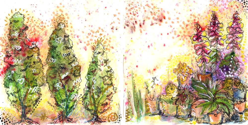 A sketchbook page of art by Ruth Burton Artist, created with pens, pencils and watercolours. The artwork shows some spring flowers in plant pots and a row of three small trees.