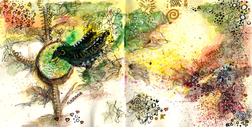 Mixed media mindful art by Ruth Burton Artist. The artwork is of a blackbird on a hedge, pecking a coconut bird feeder.