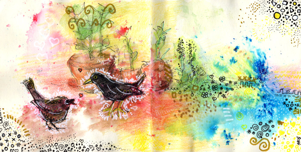 A sketchbook page of some mindfulness art by Ruth Burton Artist. A colourful background with a baby blackbird and an adult male blackbird.
