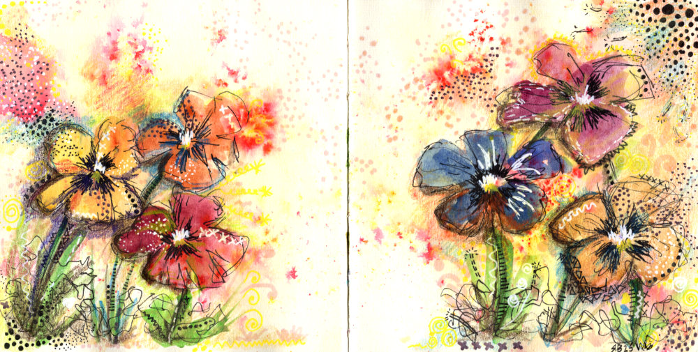 A sketchbook page of mixed media mindfulness art created by Ruth Burton Artist. The artwork shows some spring pansies in various colours.