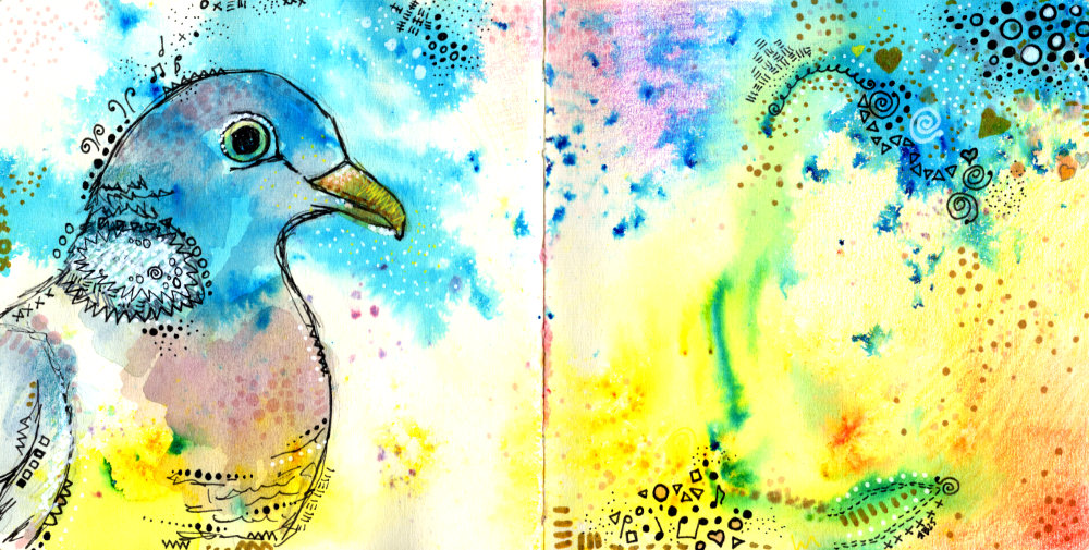 Colourful mixed media mindfulness art by Ruth Burton Artist. The artwork is a close up of a wood pigeon.