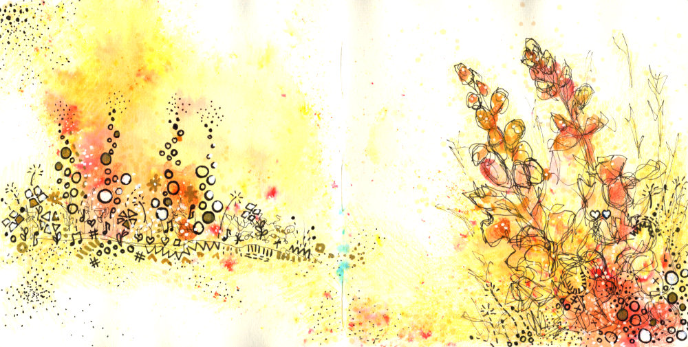 A sketchbook page of garden inspired art by Ruth Burton Artist. The artwork shows some snapdragons in reds, oranges and yellows.