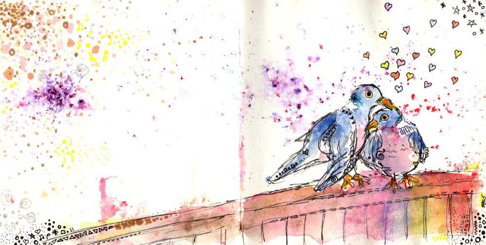 Mixed media art by Ruth Burton Artist, created with pens, pencils and watercolours. The artwork shows two wood pigeons on a fence.