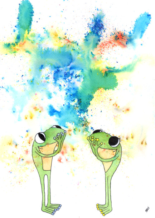 Frog and Frog (of Frog's Bucket List) enjoy the display of colour bursts created by the Brusho powder. An artwork by Ruth Burton.