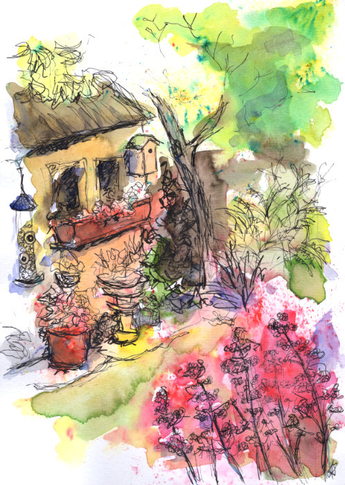 A Brusho, watercolour and pen painting by Ruth Burton Artist. The painting is a garden scene of a shed and bird house with flowers in the foreground.