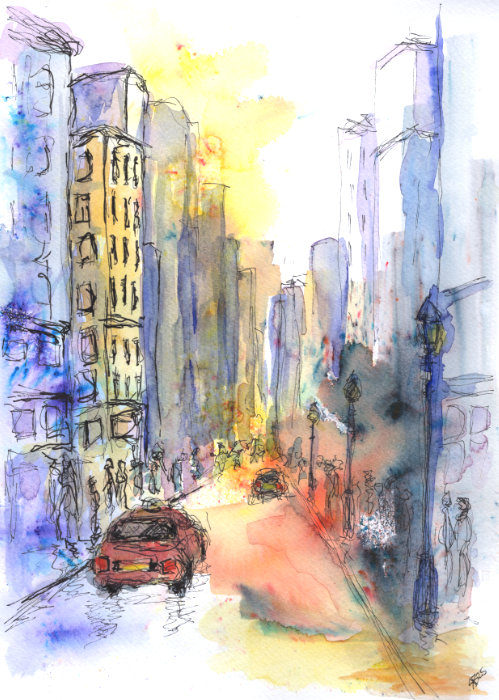 A painted city street scene by Ruth Burton Artist. The painting uses paint powder, watercolour and pen.