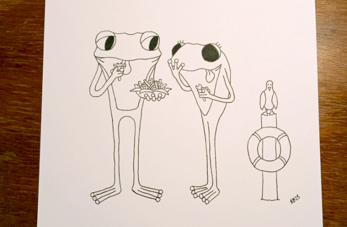 A photo of the pen drawing of the reworked illustration - after the pencil sketch has been erased. Part of the Frog's Bucket List series by Ruth Burton.