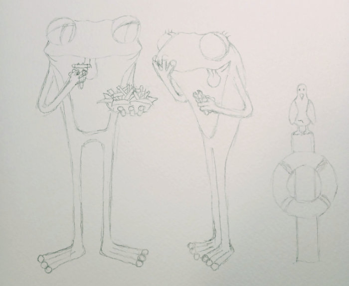 The completed sketch of Frog and Frog eating chips at the seaside by Ruth Burton Artist.