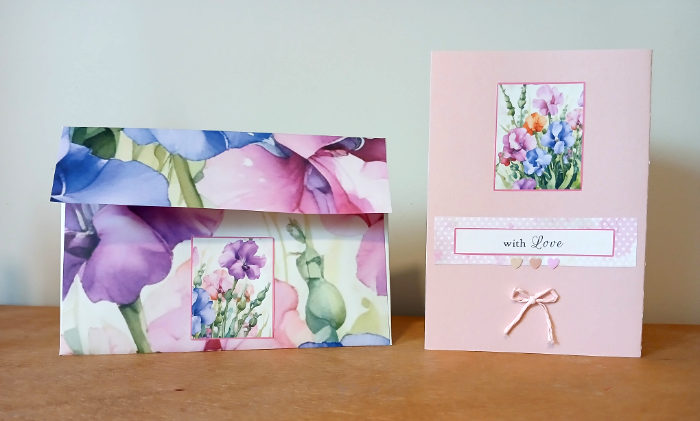 Back view of the finished card and envelope - now embellished with card toppers, sequins and a string bow.
