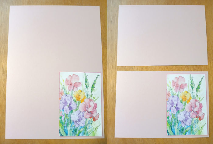A photo showing before and after the pink card stock has been cut to size.