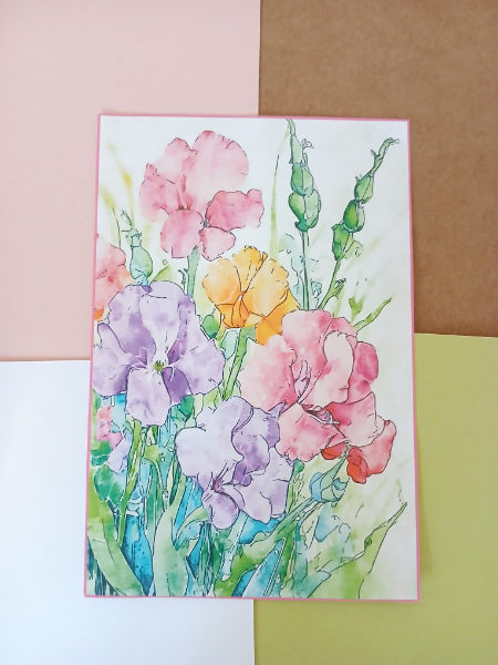 The flower picture against different colours backgrounds - pink, kraft, white and green.