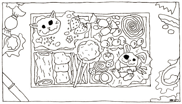 A cartoon style drawing by Ruth Burton. Frog's finished bento box lunchbox with a messy rice rabbit and cat dessert.