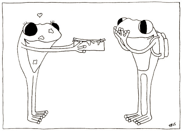 A comic-strip style drawing showing Frog giving Frog the messy bento box. Frog is wearing a rucksack.