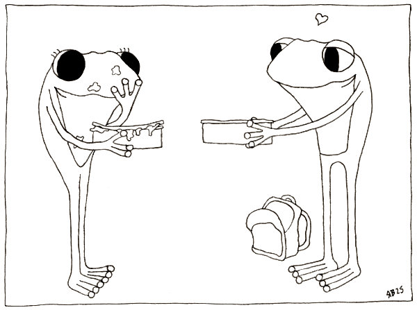 A comic style drawing of Frog giving Frog his lunchbox that he made for her. His rucksack is open.