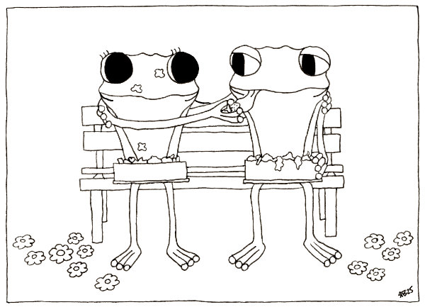 The final frog cartoon drawing in "The Lunchbox Surprise" which shows Frog and Frog sitting on a park bench sharing their lunchboxes. Part of Frog's Bucket List by Ruth Burton.