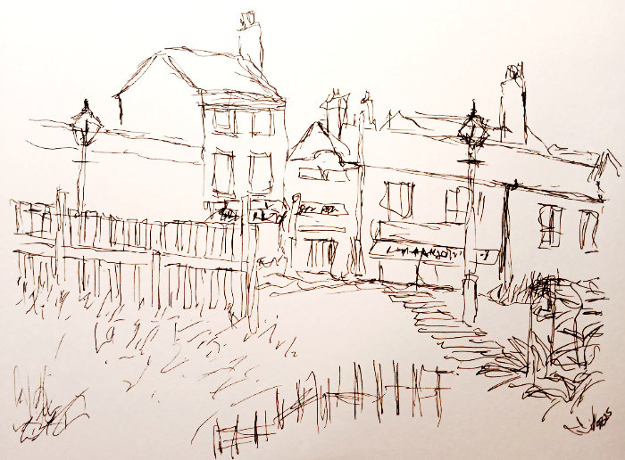 An urban sketch style pen drawing of the photograph from the Black Country Living Museum. The drawing has been created by Ruth Burton Artist using a 0.1mm Uni Pin Fineliner pen.