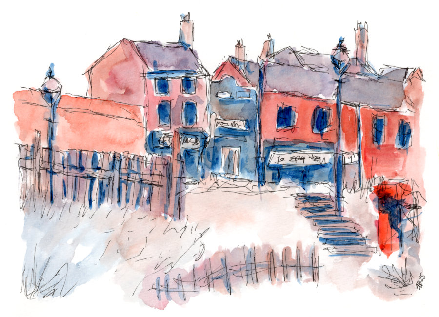 The second pen and wash painting by Ruth Burton Artist. Three colours have been used in the painting.