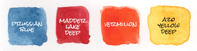 A colour swatch of the paint palette used for the first painting in the watercolour challenge by Ruth Burton. The four colours are: Prussian Blue, Madder Lake Deep, Vermilion and Azo Yellow Deep.