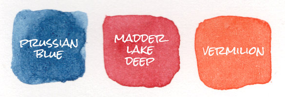 A colour swatch of the paint palette used for the second painting. The three colours are: Prussian Blue, Madder Lake Deep and Vermilion.