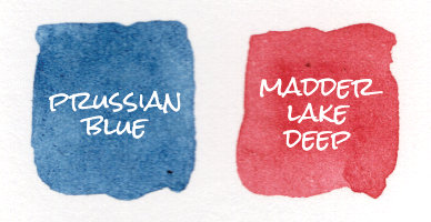 A colour swatch of the paint palette used for the third painting. The two colours are: Prussian Blue and Madder Lake Deep.