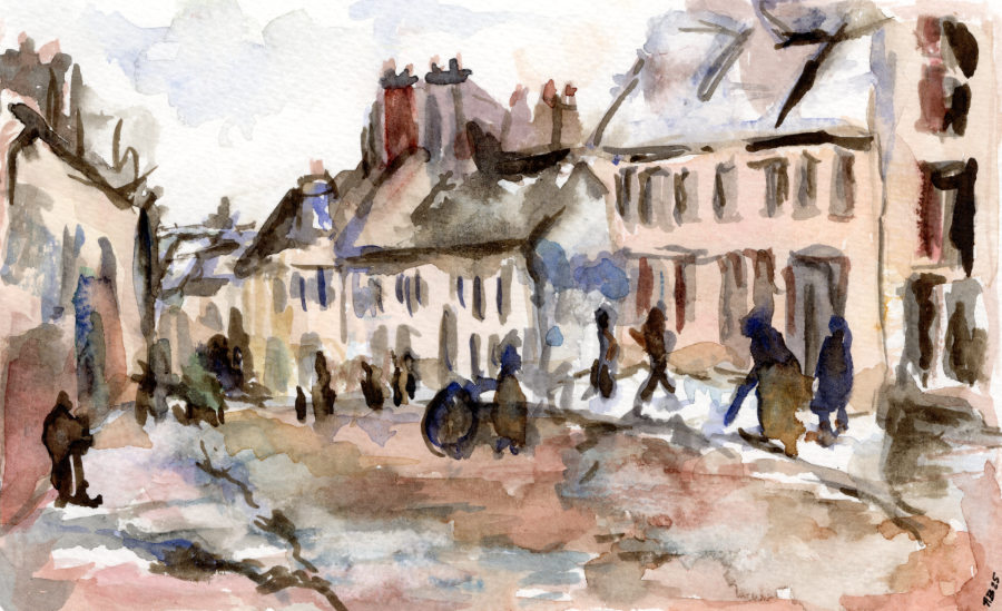 A watercolour study of Camille Pissarro's "Pontoise, the Road to Gisors in Winter" by Ruth Burton Artist.