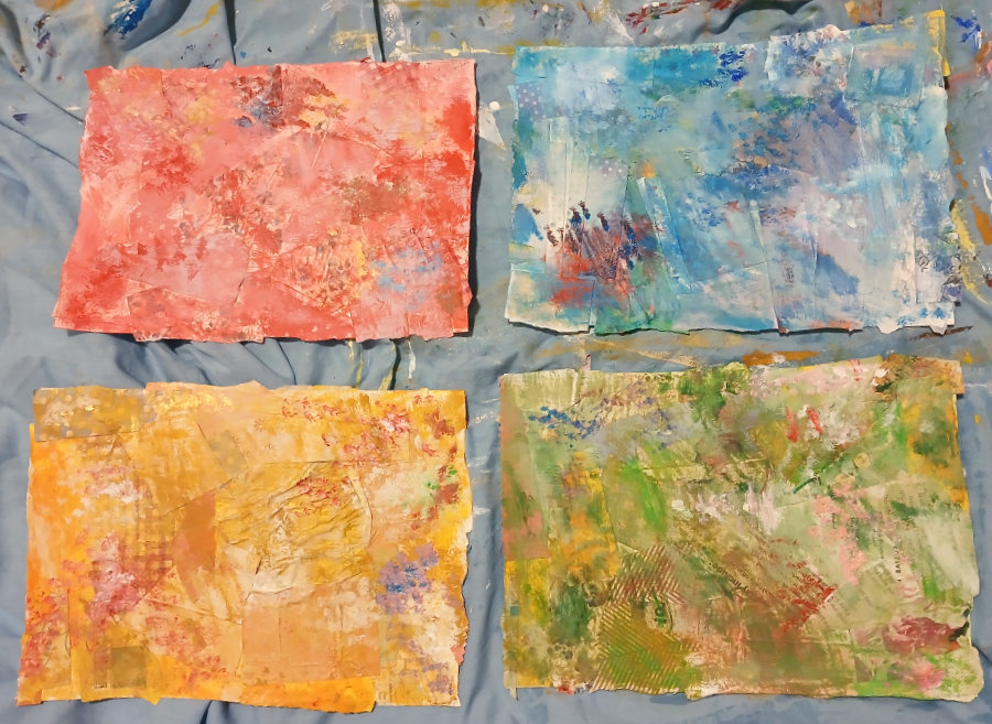 Four A4 sized artworks with backgrounds created using mixed media art techniques by Ruth Burton Artist. Each piece has a dominant colour - red, blue, yellow and green.