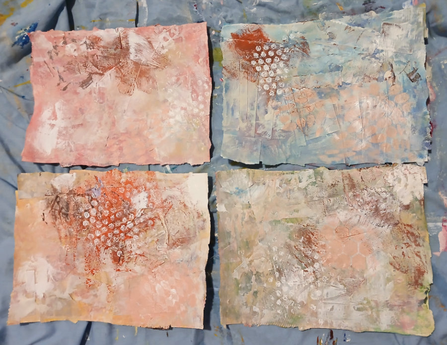 The four mixed media artworks by Ruth Burton Artist demonstrating further mixed media art techniques such as stamping, stencilling, paint washes and paint applied with a roller.